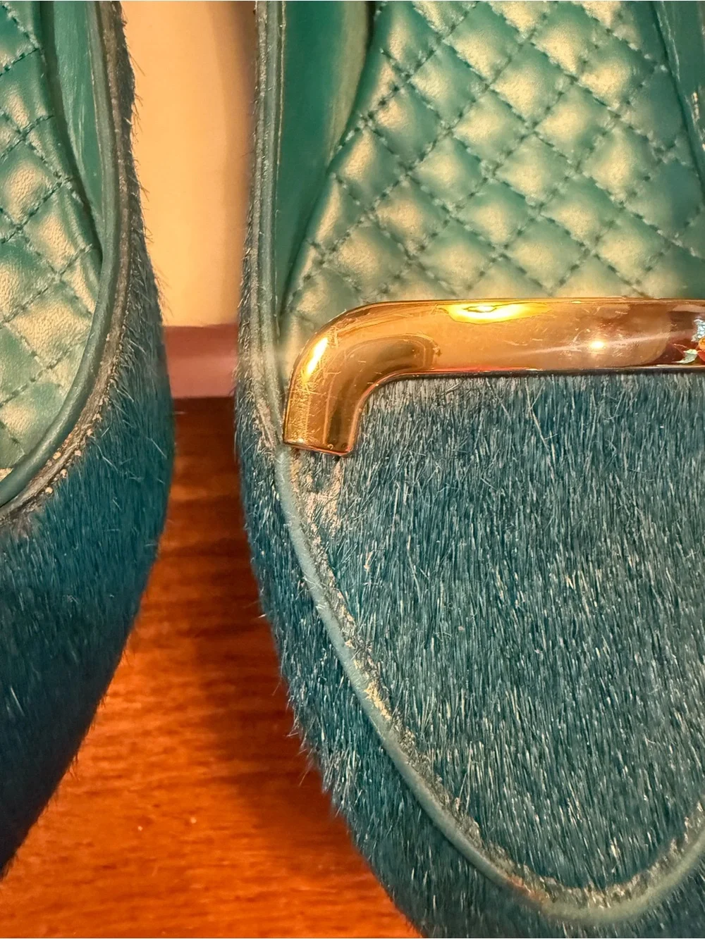 Tory Burch Teal Haircalf Leather Flats with Gold Bar Size 8